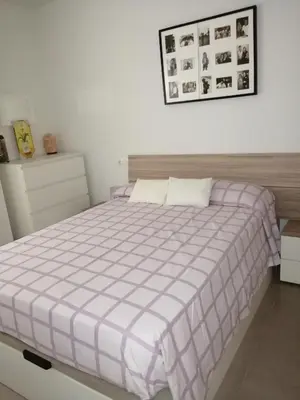 a bedroom with a bed with a purple and white blanket at playa in Almenara