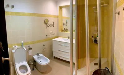 a bathroom with a toilet and a sink and a shower at Cosy and Modern Puerto de Sagunto Holiday Flat in Puerto de Sagunto
