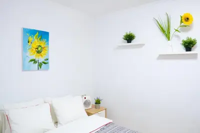 a living room with a white couch and flowers on shelves at Sollana Arena in Valencia