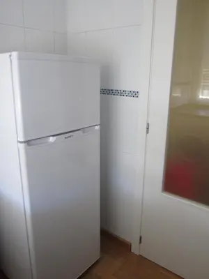 a white refrigerator in a kitchen next to a door at Apartamentos Valencia in Valencia