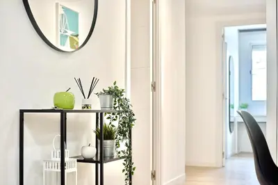 a living room with a black shelf with plants and a mirror at SPACIOUS, SUNNY FLAT BY CITY OF ARTS & SCIENCES in Valencia