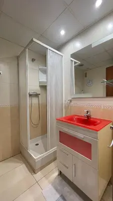 a bathroom with a red sink and a shower at Work and Rest Away From Home in Paterna