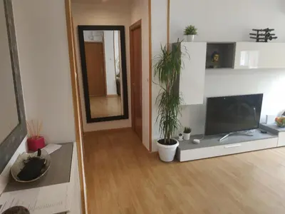 a living room with a flat screen tv and potted plants at Bedroom to rent in the beach in Valencia