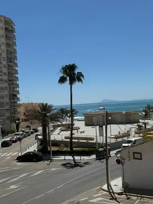 an empty street with palm trees and the beach at Encantador piso cerca de la playa en Cullera in Faro de Cullera