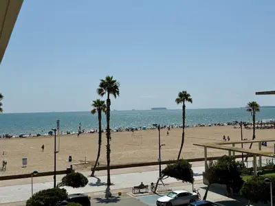 a view of a beach with palm trees and the ocean at Reinapart Patacona Beachfront Seaview in Valencia