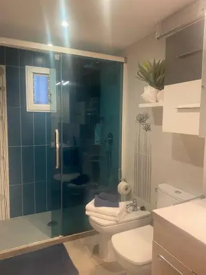 a bathroom with a toilet and a glass shower at Casa Ellenita in Las Canteras