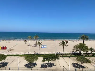 a view of a beach with palm trees and the ocean at Cara al mar in Cullera