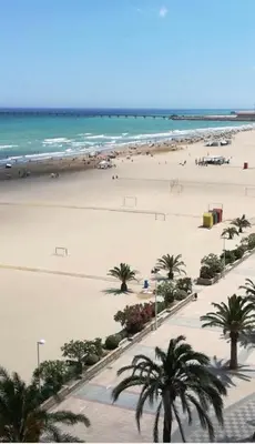 a view of a beach with palm trees and the ocean at VoraMar 3 Playa Puerto de Sagunto in Sagunto