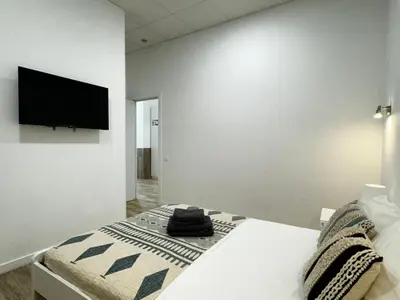 a bedroom with a bed with a flat screen tv on the wall at Rodrigues 15 in Valencia