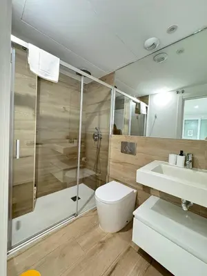 a bathroom with a shower and a toilet and a sink at Escolano Rooms MAS 11 Noches in Valencia