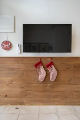a living room with two mittens hanging from a tv at Le Provençal de COUP DE COEUR APPARTEMENTS in Valencia
