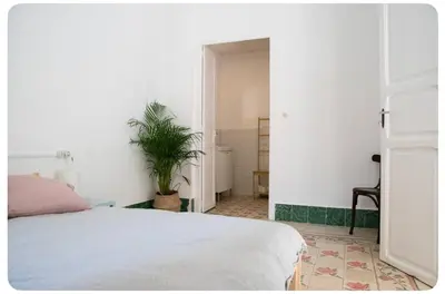 a bedroom with a bed and a potted plant at Habitación con Baño privado 1 cama de matrimonio in Valencia