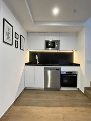 a kitchen with white cabinets and a stainless steel appliance at Dúplex piscina, parking -Roig Arena -Las Ciencias in Valencia