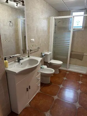 a bathroom with a sink and a toilet and a shower at Villa Rosa Rasero in Serratella