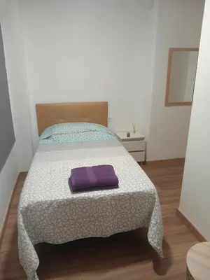 a bed in a room with a purple towel on it at Cantarranas in Requena