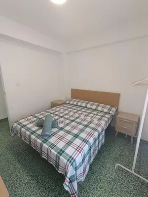 a small bedroom with a bed with a plaid blanket at Apartamento Lyon in Cullera
