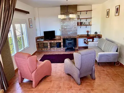 a living room with a couch and chairs and a fireplace at Beautiful Villa with huge private pool and vineyard view in Valencia