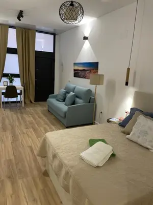 a living room with a bed and a couch at Carbonell by VivoGCFlats in Valencia