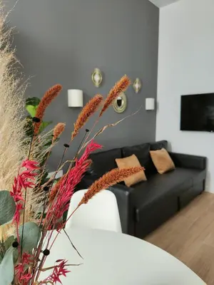 a living room with a black couch and red flowers at Las Artes Hlius Luxury Apartments in Valencia