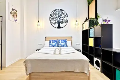 a bedroom with a bed and a tv at Apartamentos Río Turia in Valencia