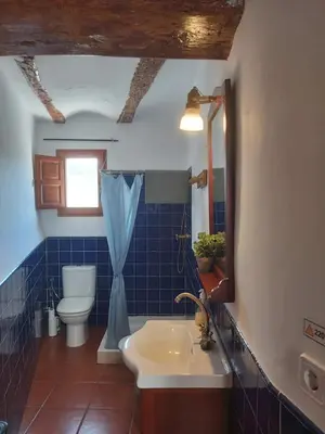 a blue tiled bathroom with a toilet and a sink at Candela de la Murtera in Chelva