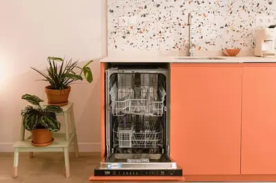 an empty dishwasher in a kitchen with plants at Park Central loft. Ruzzafa. in Valencia