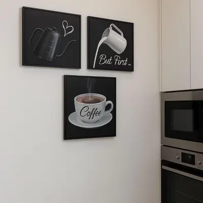 three pictures of a coffee cup on a wall at Del Mar three bed flat. in Puerto de Sagunto