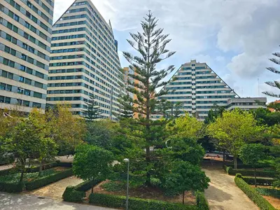 a tree in a park in front of tall buildings at Apartamentos Las Ciencias I in Valencia