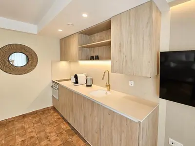a kitchen with a sink and a counter with a tv at Apartamentos Las Ciencias Studio N in Valencia