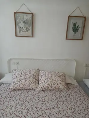 a bedroom with a bed with two pictures on the wall at Apartamento Analema con piscina wifi y aire acondicionado in Moncófar