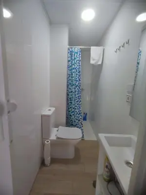 a bathroom with a toilet and a shower and a sink at Loft duplex industrial near the sea + bicicles in Valencia