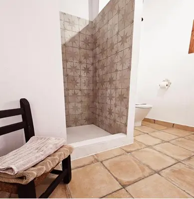 a bathroom with a shower with a bench and a toilet at Casa Rural La Corretger in Chulilla