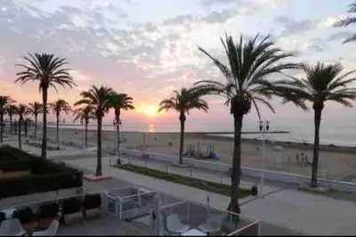 a view of a beach with palm trees and a sunset at Precioso apartamento con vistas al mar. Piscina. in Valencia
