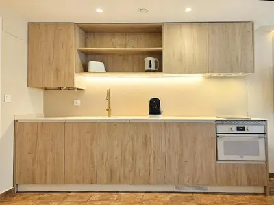 a kitchen with wooden cabinets and a sink at Apartamentos Las Ciencias Studio Q in Valencia