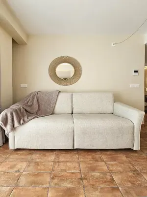 a couch in a living room with a mirror at Apartamentos Las Ciencias R in Valencia