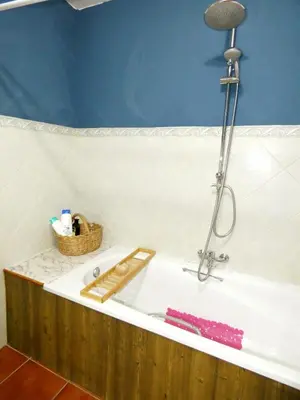 a bath tub with a shower in a bathroom at RuralRusticHome in Altura