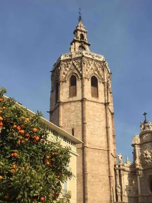 a tall tower with an orange tree in front of a building at Heart of trendy area of Russafa with lovely terrace ! au coeur de Ruzafa avec belle terrasse ! in Valencia