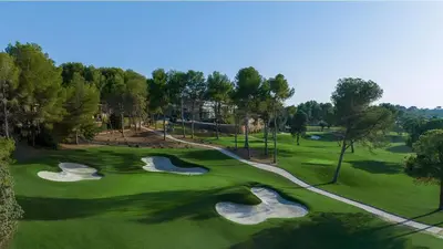an overhead view of a golf course with three putting greens at Vista Golf in Valencia