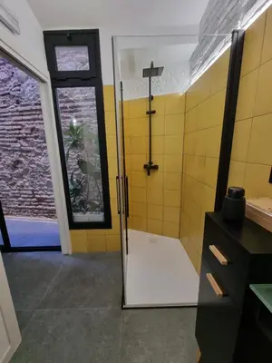 a bathroom with a shower with a glass door at cactus loft Ruzafa in Valencia