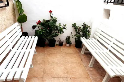 two white benches in a room with potted plants at Casa rural para 8 huéspedes en plena naturaleza in Gestalgar