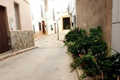 an empty alley with plants on the side of a building at Casa rural para 8 huéspedes en plena naturaleza in Gestalgar