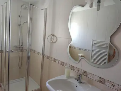 a bathroom with a shower and a sink and a mirror at Chulillagreenhouse in Chulilla