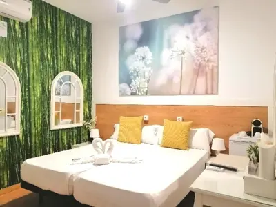 a bedroom with a large white bed and a green wall at VALENCIA SUITS YOU Centro Histórico, Establecimiento Automatizado-Fast Auto Check in&Out, Solo para Adultos-Adults only in Valencia
