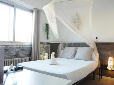 a bedroom with a white bed with a canopy at VALENCIA SUITS YOU Centro Histórico, Establecimiento Automatizado-Fast Auto Check in&Out, Solo para Adultos-Adults only in Valencia