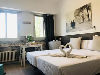 a bedroom with a bed with swans on it at VALENCIA SUITS YOU Centro Histórico, Establecimiento Automatizado-Fast Auto Check in&Out, Solo para Adultos-Adults only in Valencia