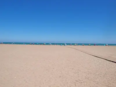 a sandy beach with umbrellas and the ocean at Apartamentos Las Ciencias Studio Z in Valencia