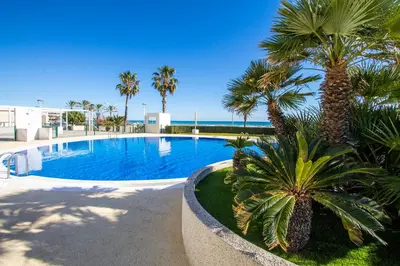 a swimming pool with palm trees and the ocean at ESPACIO 3 - Primera Línea de Playa in Cullera