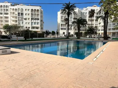 a large swimming pool with palm trees and buildings at Apartamento atardecer dorado in Valencia