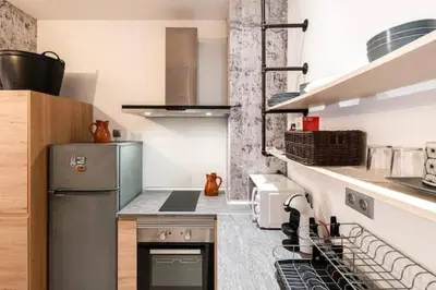 a kitchen with a stove and a refrigerator at Loft Botanic Center in Valencia