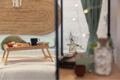 a table with a tray of fruit on a bed at AL5 Seaside Bliss-stylish loft steps from Malvarrosa in Valencia